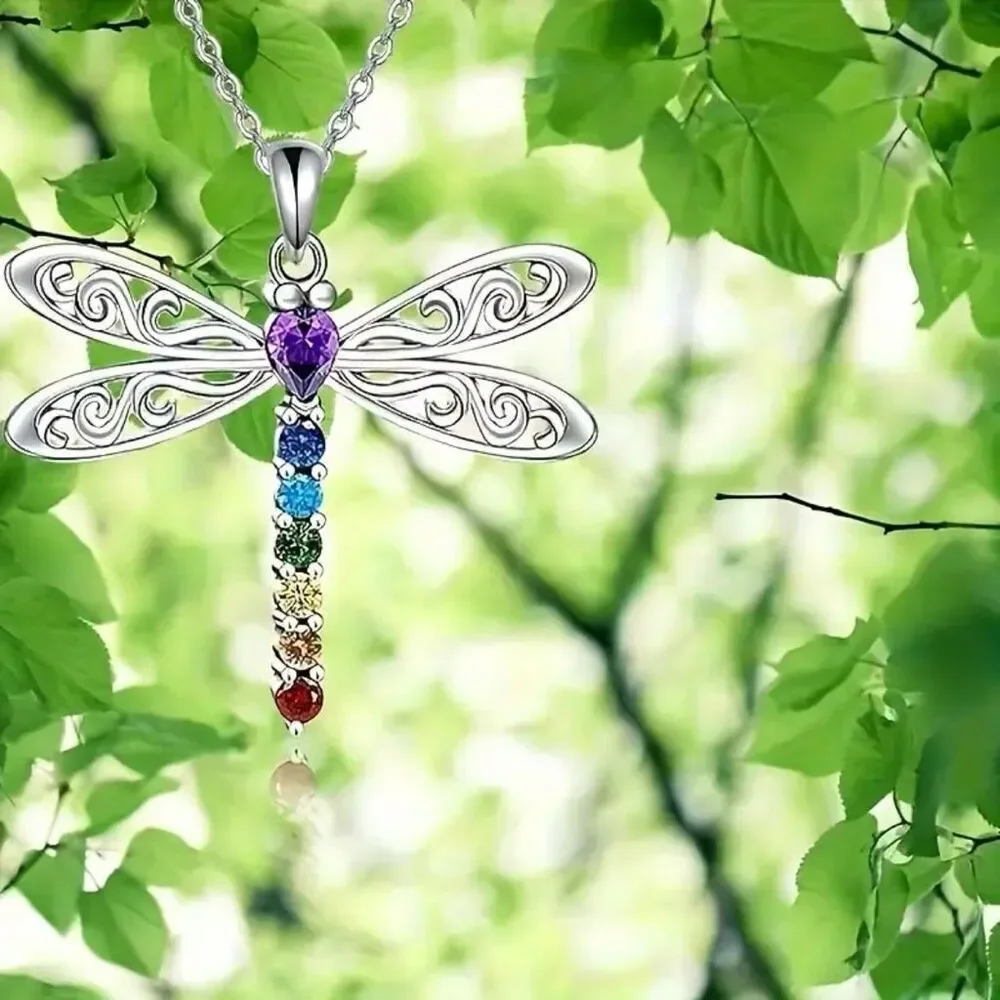 NWT Gorgeous Silver Dragonfly Long 17.7” Chain Necklace w/ Colorful Rhinestones - Picture 2 of 7